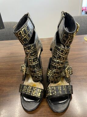 Sam Edelman Black and Gold Croc-Print High Heel Sandals